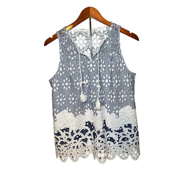 Cato Tops - Cato Sleeveless Blouse Womens Medium Blue White Striped Eyelet Lace Tassel Top